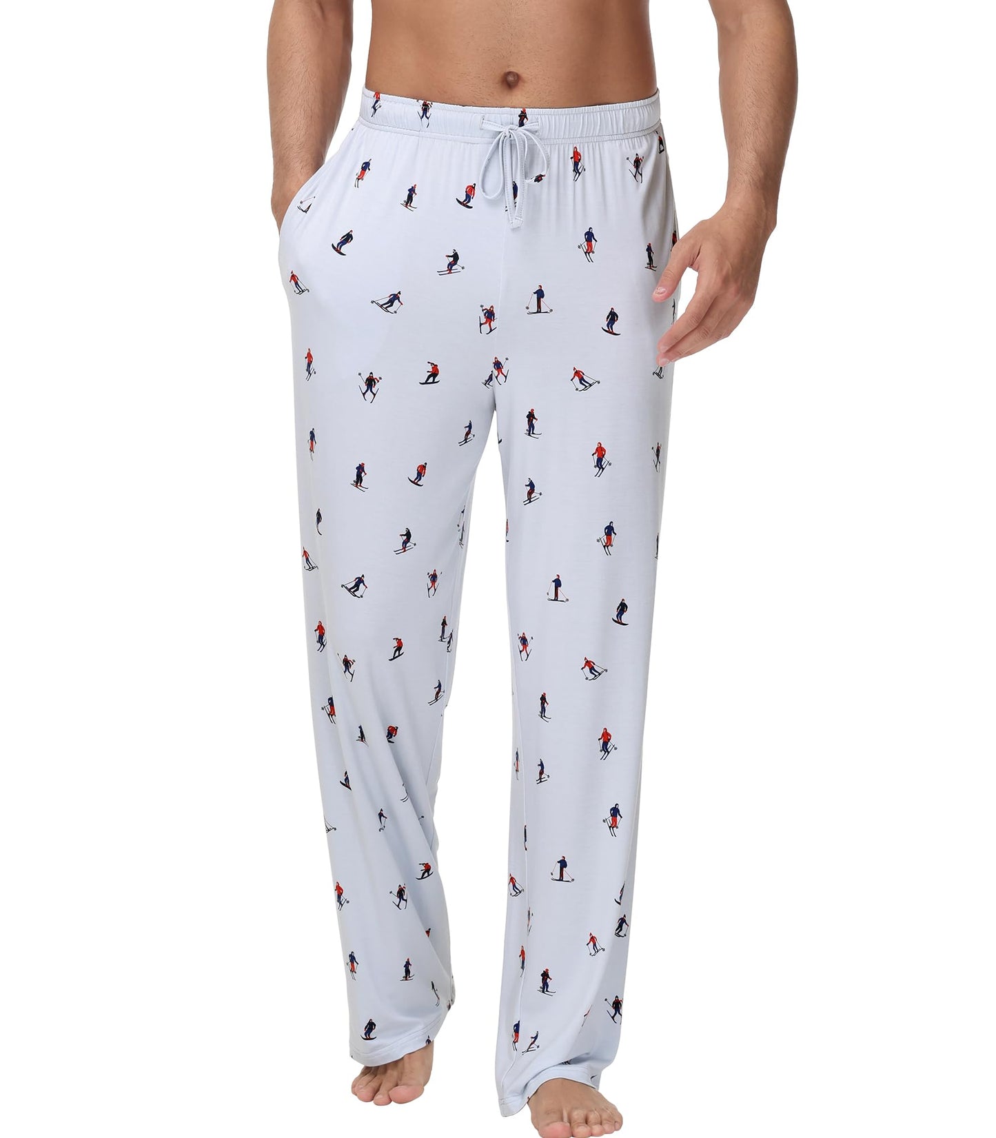 WiWi Bamboo Viscose Pajama Pants for Men Tall Sleep Bottoms Big Warm Long Pj Lightweight Lounge Sweatpants S-XXL, Skiing on Light Blue, X-Large