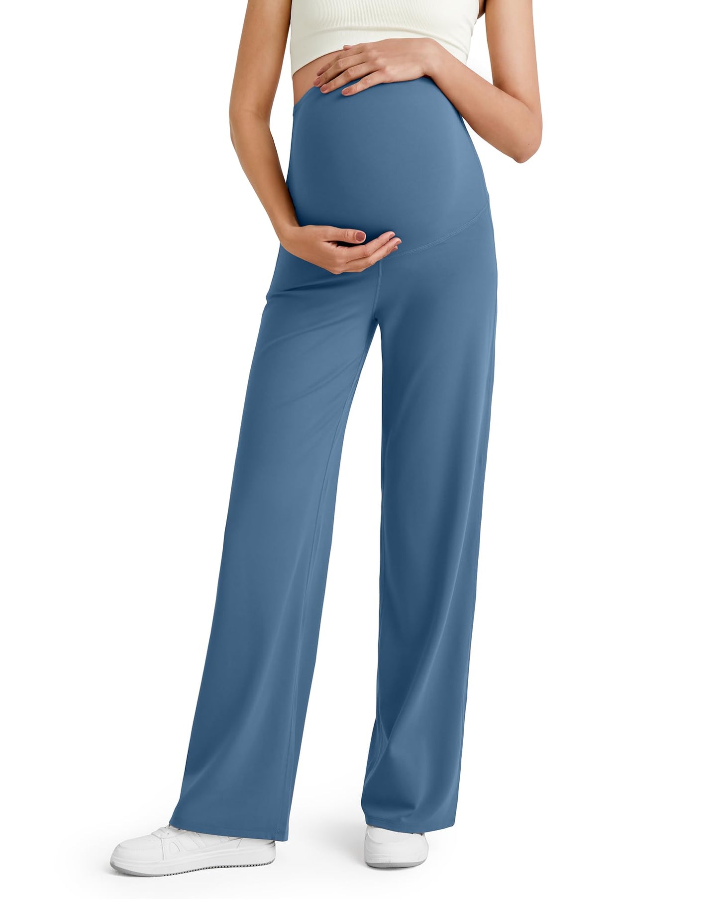 G4Free Maternity Pants for Work Over-Bump Soft Pregnancy Wide Leg Leggings Business Casual Slacks Office Wear(Blue Gray,XS,32")
