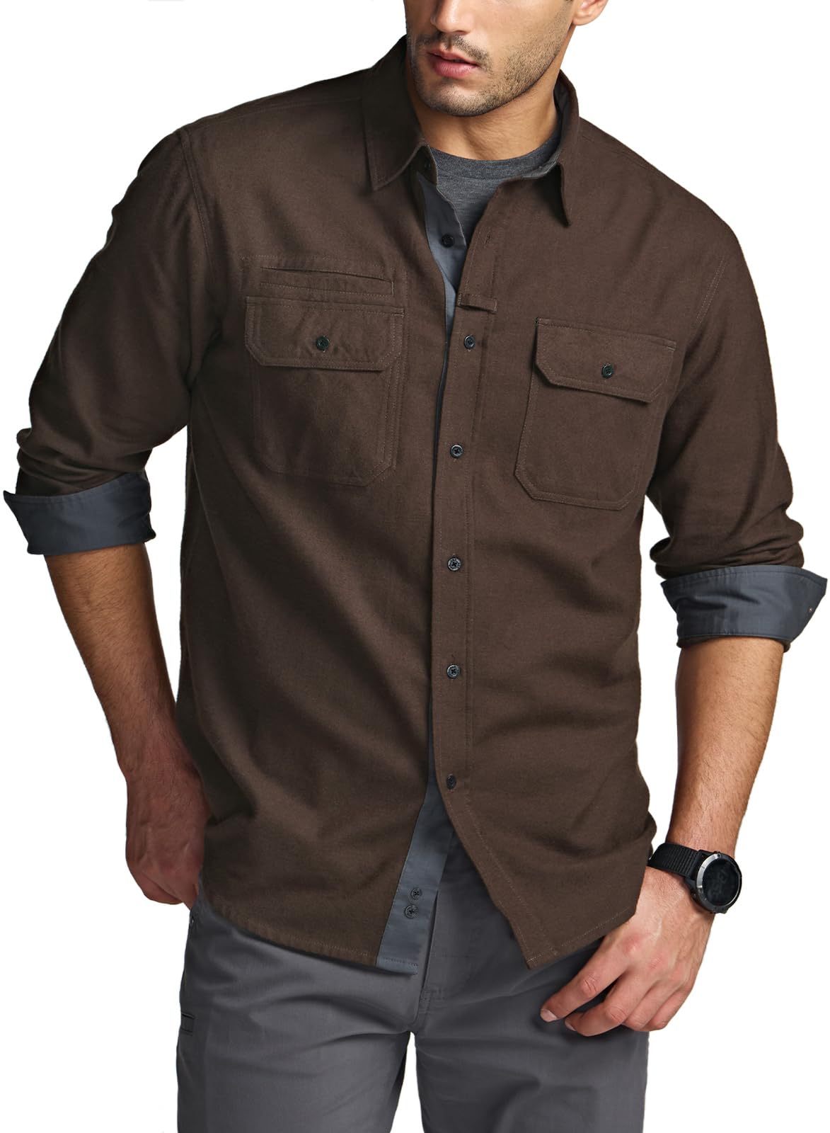 CQR Men's Flannel Button Down Shirts, Soft Cotton Plaid Long Sleeve Tactical Work Shirt, Warm Outdoor Essential with Pocket, Stealth Dark Brown, Large Tall