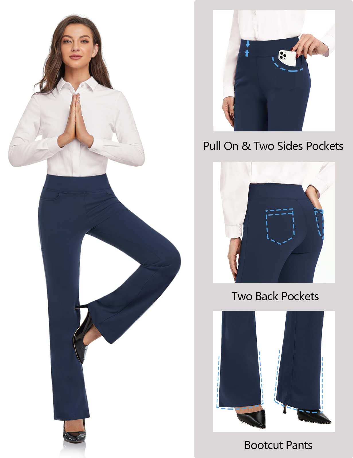 SEVEGO Women's Bootcut Yoga Dress Pants High Waist Stretch Work Pants with Pockets, 33" Deep Blue, XXL