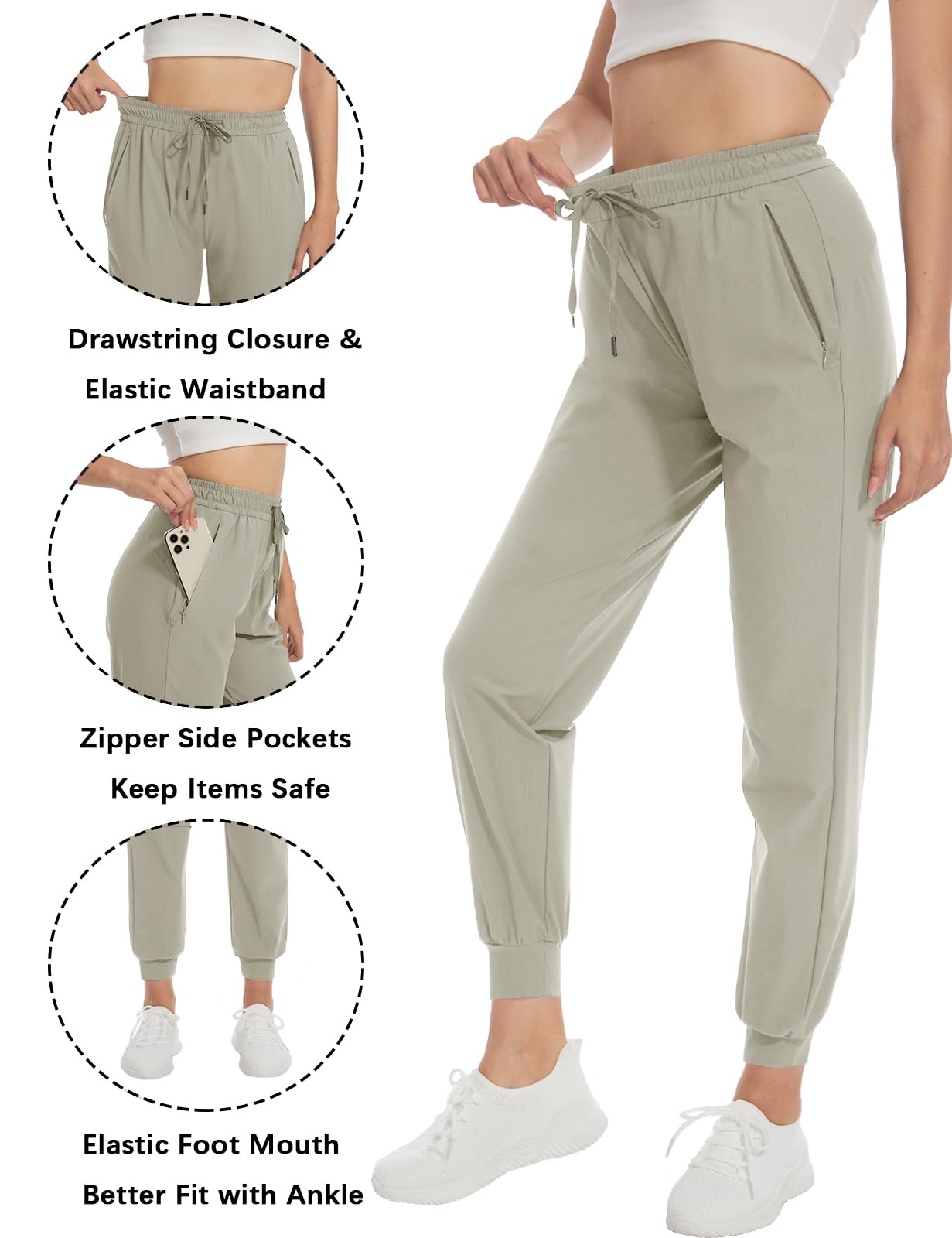 SEVEGO Women's 34" Tall Inseam Joggers Lightweight Sweatpants Zipper Pockets Athletic Workout Lounge Pants Khaki, S