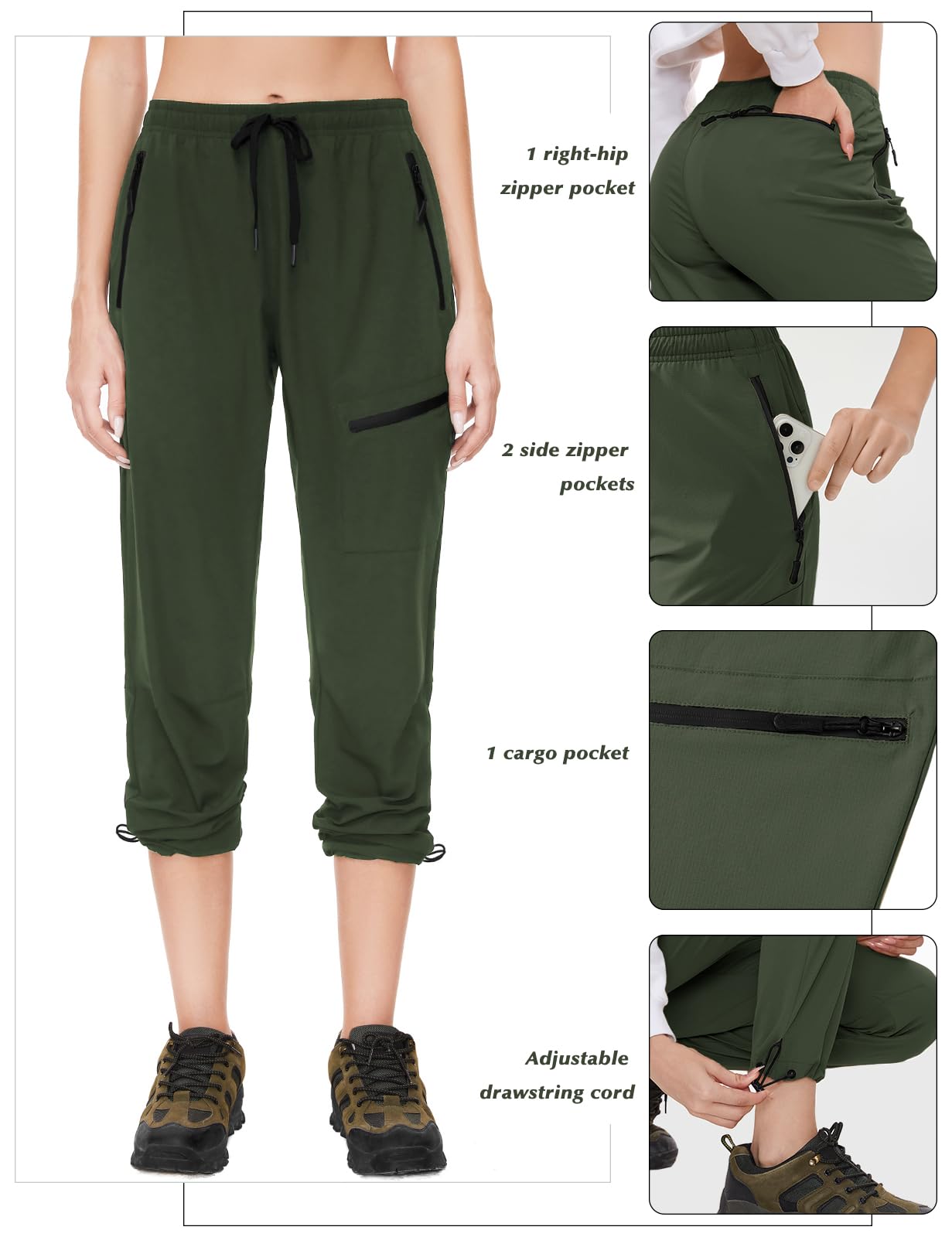 SEVEGO Womens Hiking Pants Tall Inseam 34" Athletic Cargo Pants Lightweight 4 Zipper Pockets Water Resistant Elastic Waist, Green, L
