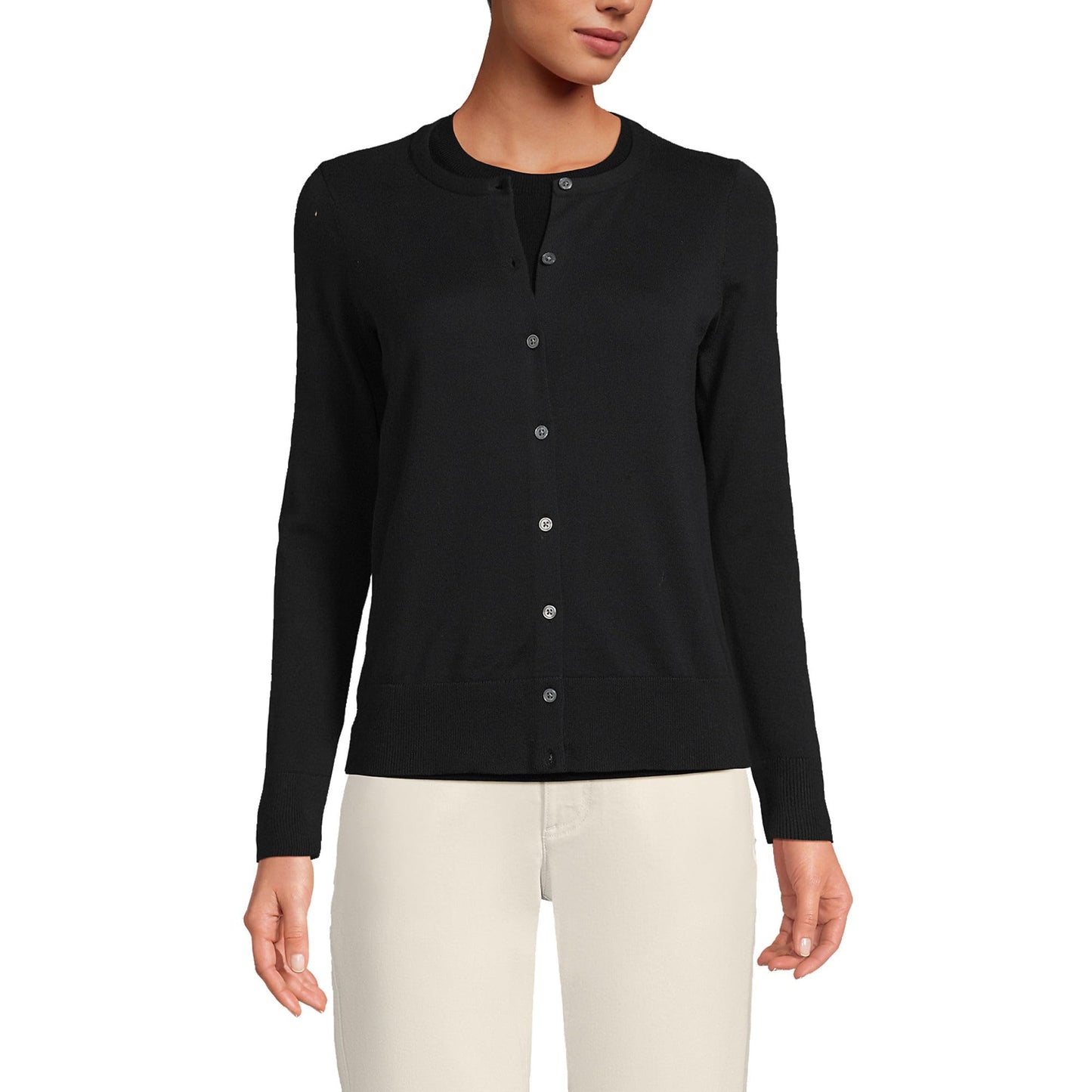 Lands' End Womens FG Cotton Cardigan Sweater Black Tall Small