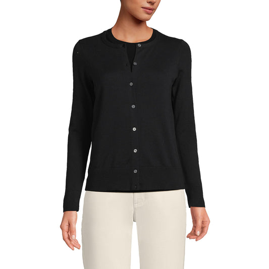 Lands' End Womens FG Cotton Cardigan Sweater Black Tall Small