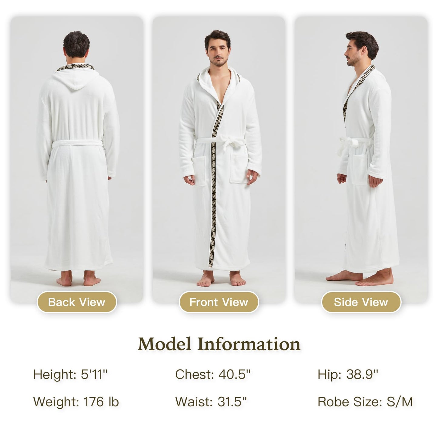 FashGudim Men's Hooded Plush Robe with Black Trim Full Length Plush Long Robe for Men Big and Tall Warm Fleece Bathrobes House Robes (White & Black Trim, L/XL)