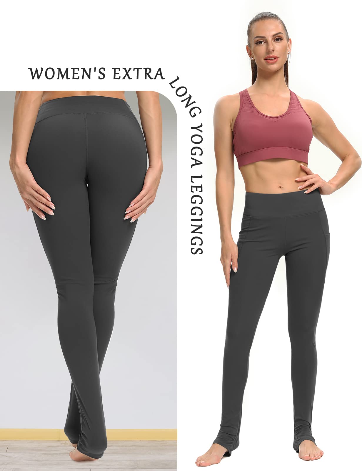 SEVEGO Women's Extra Long Yoga Leggings with Pockets Over The Heel Stacked Legging Barre Dance Athletic Pants, Grey, M