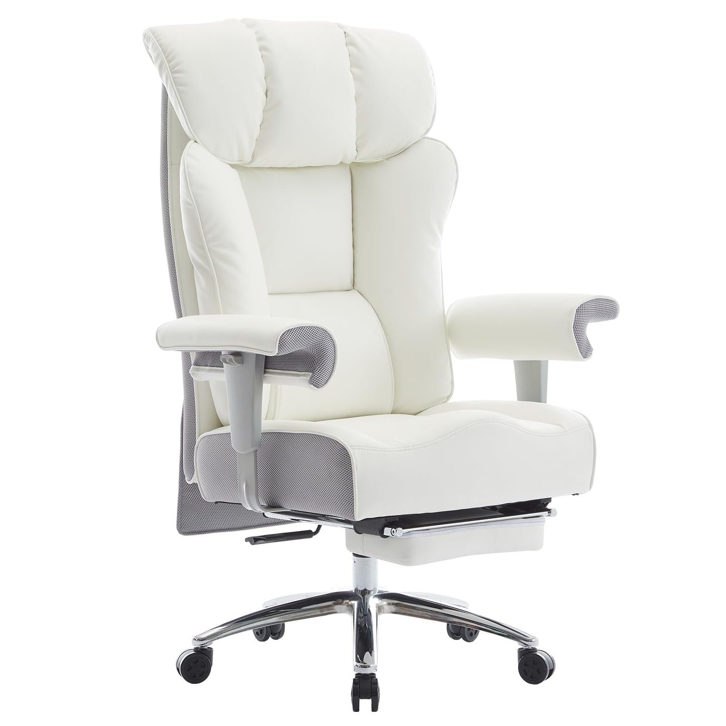 Efomao Big and Tall Office Chair 450LBS with Foot Rest, High Back PU Leather Executive Office Chair with Adjustable Padded Armrests, Lumbar Support for Home or Work, Heavy Duty Computer Chair, White