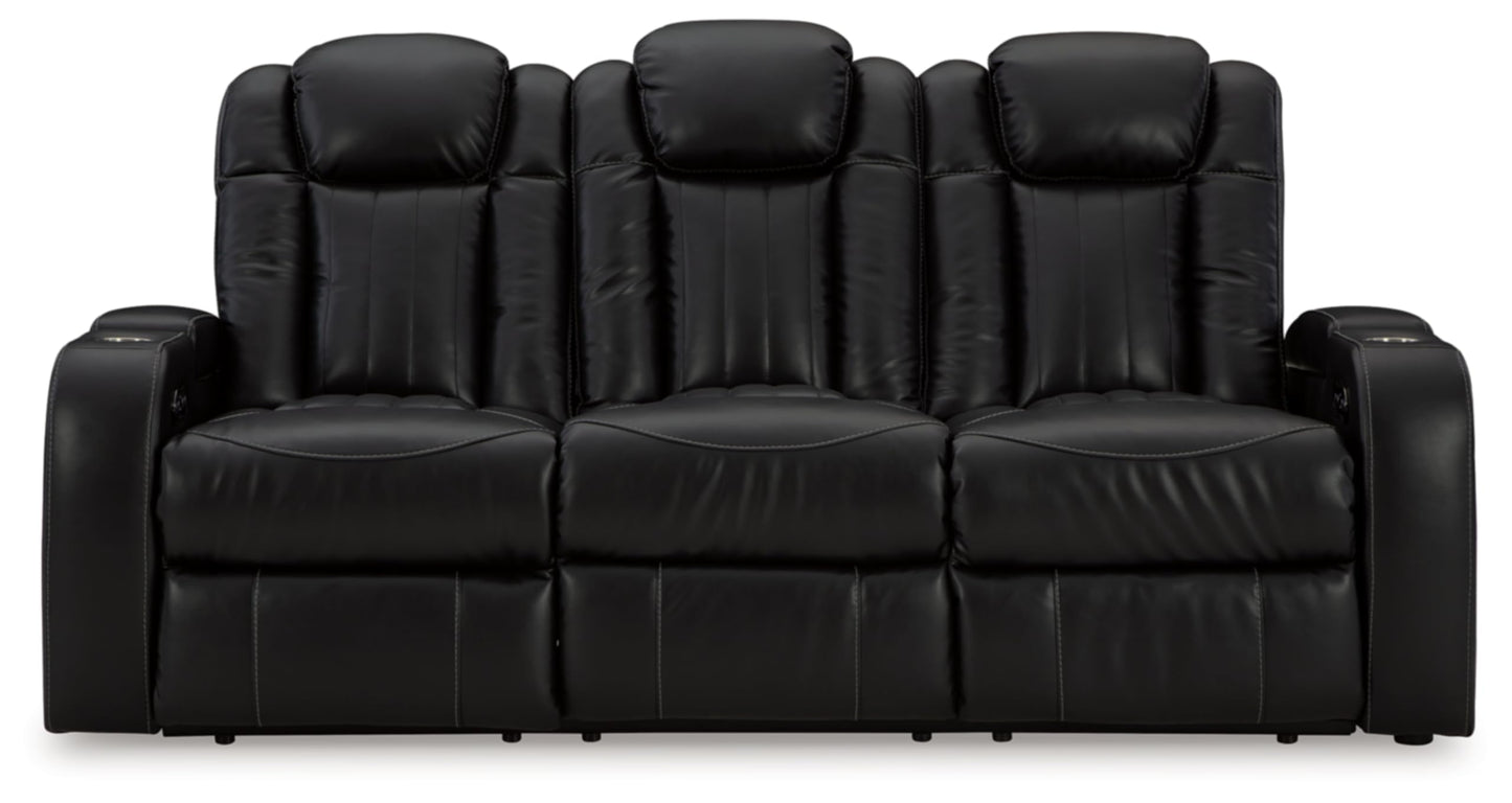 Signature Design by Ashley Caveman Den Modern Faux Leather Power Reclining Sofa with Adjustable Headrest, Drop Down Table, Electrical Outlets and LED Reading Lights, Black