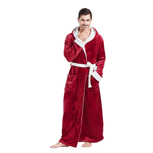 FashGudim Mens Robes Big and Tall with Hood Two-Tone Flannel Fleece Contrast Bathrobe Full Length Plush Long Robe Warm House Coat (Red & White, XXXL)