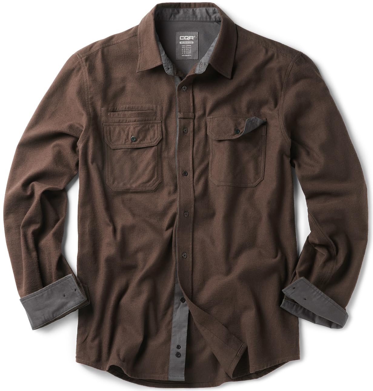 CQR Men's Flannel Button Down Shirts, Soft Cotton Plaid Long Sleeve Tactical Work Shirt, Warm Outdoor Essential with Pocket, Stealth Dark Brown, Large Tall