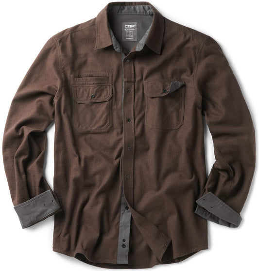 CQR Men's Flannel Button Down Shirts, Soft Cotton Plaid Long Sleeve Tactical Work Shirt, Warm Outdoor Essential with Pocket, Stealth Dark Brown, Large Tall