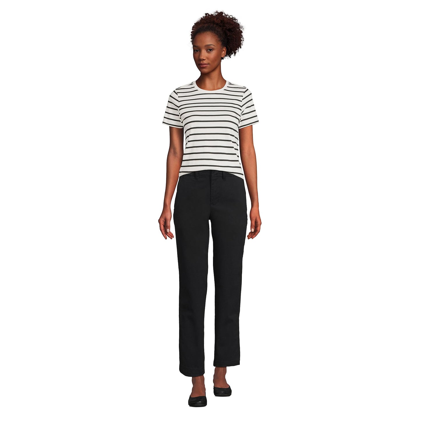 Lands' End Womens Short Sleeve Relaxed Supima Cotton Crew Neck T Shirt Ivory/Black Breton Stripe Tall Large