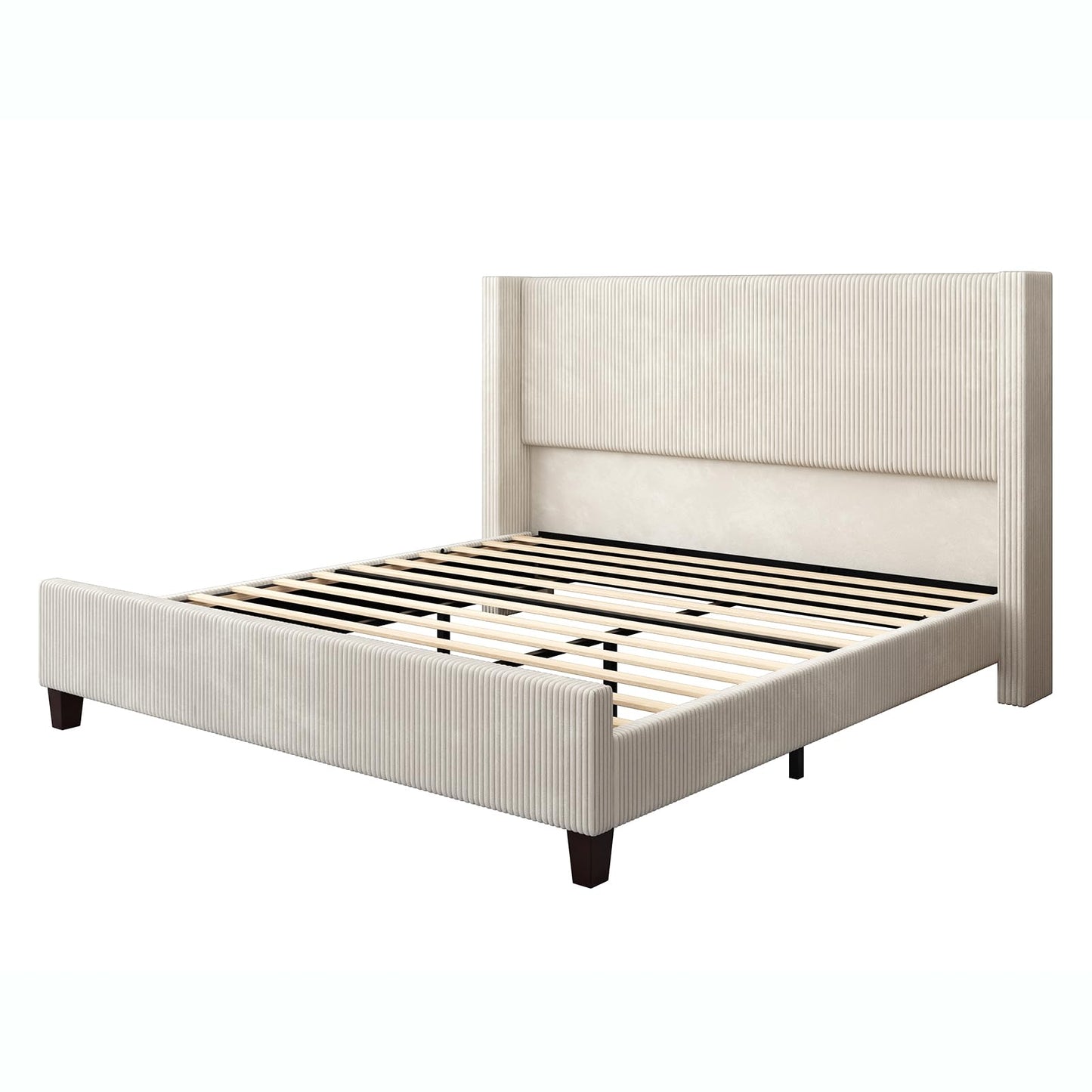 HOWE California King Size Upholstered Platform Bed Frame, Wingback Bed with 50.8" Headboard, Corduroy/Solid Wood Leg/No Box Spring Needed/Noise Free Sturdy Structure/Cream