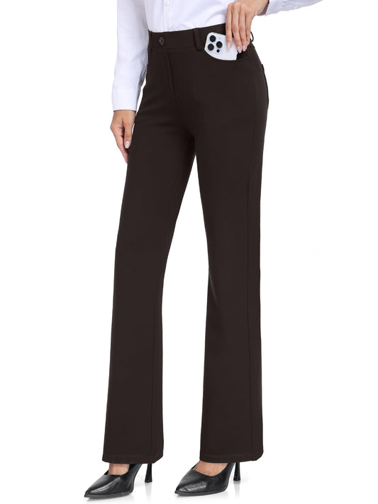 Tallemon Tall Womens 36" Inseam Boot Cut Dress Yoga Trousers Dress Pull On Belt Loops 4 Pockets Suit Work Pants, Brown, M