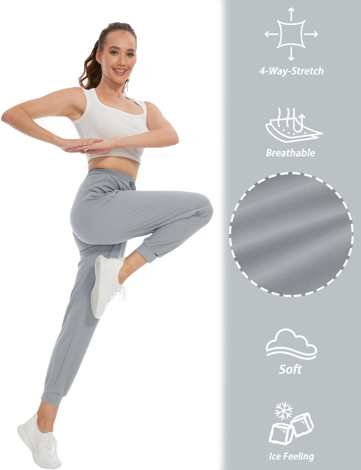 SEVEGO Women 34" Tall Inseam Joggers Lightweight Sweatpants Zipper Pockets Athletic Workout Lounge Pants Light Gray, XL
