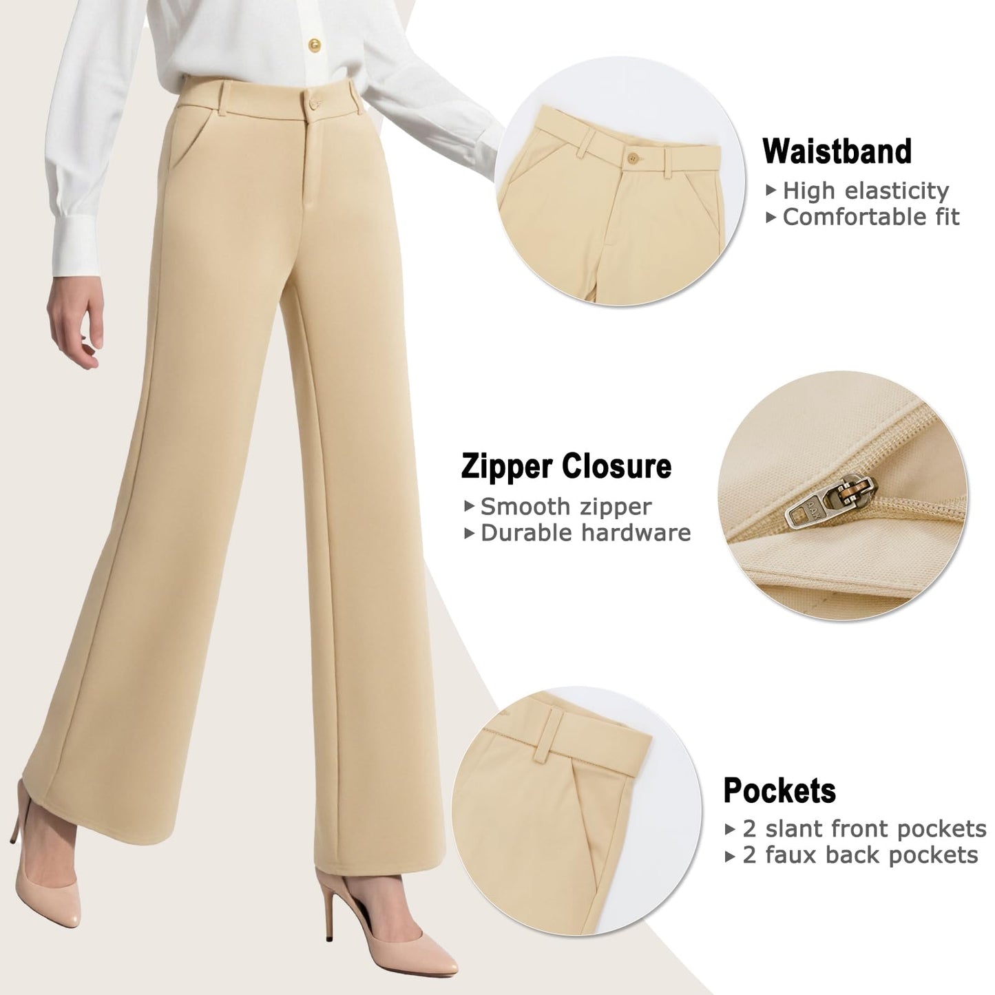 iChosy Womens High Waist Wide Straight Leg Trousers Casual Slacks Dress Pants with Pockets Khaki 10 ExtraTall
