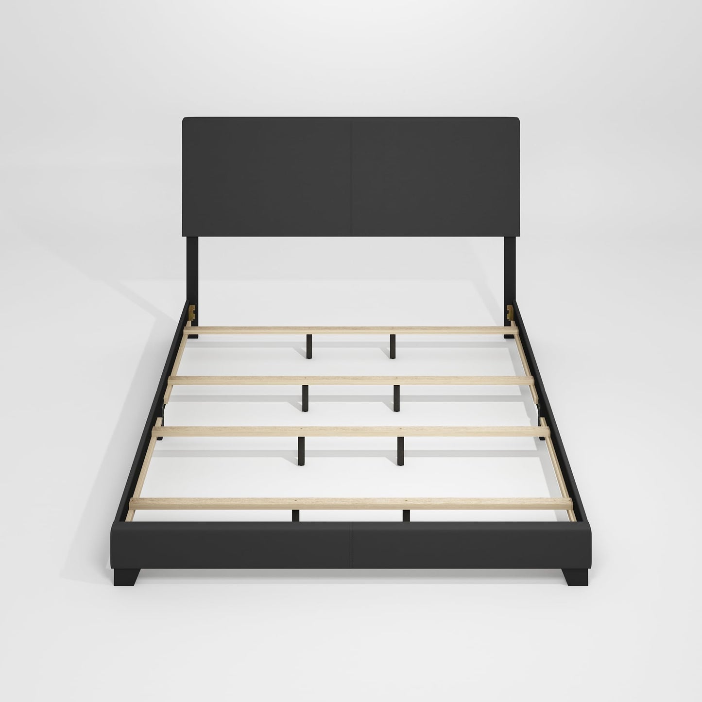 Furinno PESSAC Bed Frame, California King Size Bedframe with PU Leather Upholstery Headboard, Bed with Legs, Wooden Slat Support, Easy Assembly, for Bedroom, Dorm, Plain Black