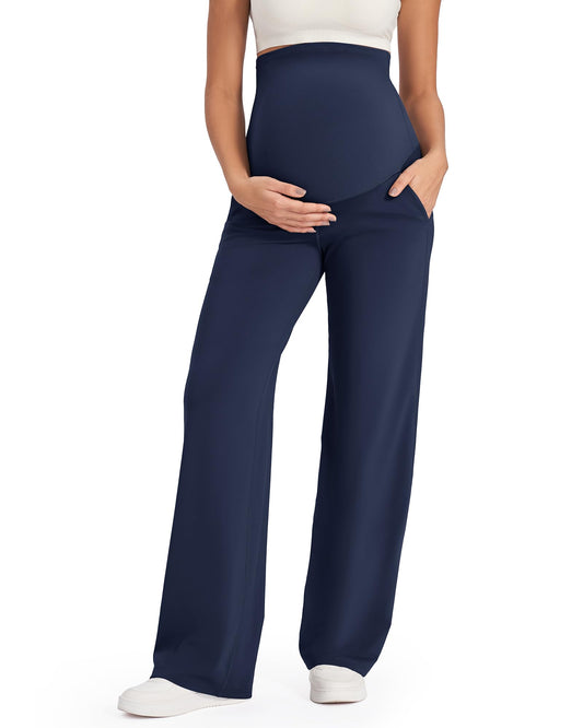 G4Free Maternity Lounge Pants with Pockets Yoga Wide Leg Pregnancy Slacks for Women Soft Stretchy for Work and Daily Wear(Royal Blue,M,34")