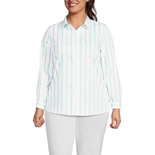Lands' End Womens LS No Iron Button Front Shirt White/Aqua Classic Stripe Tall 18