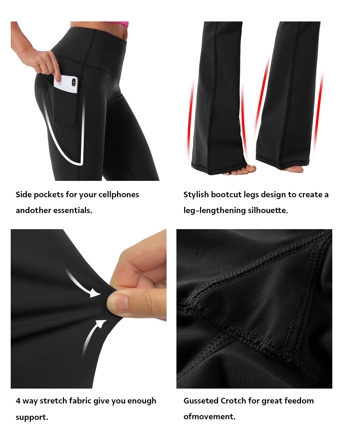 BUBBLELIME 29"/31"/33"/37" 4 Styles Women's Bootcut Yoga Pants Tummy Control - Side Pockets_Black XL_37" Inseam