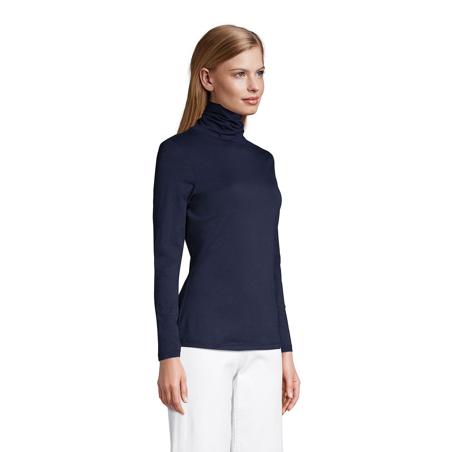 Lands' End Womens Long Sleeve Shaped LWCM Turtleneck Radiant Navy Tall Medium