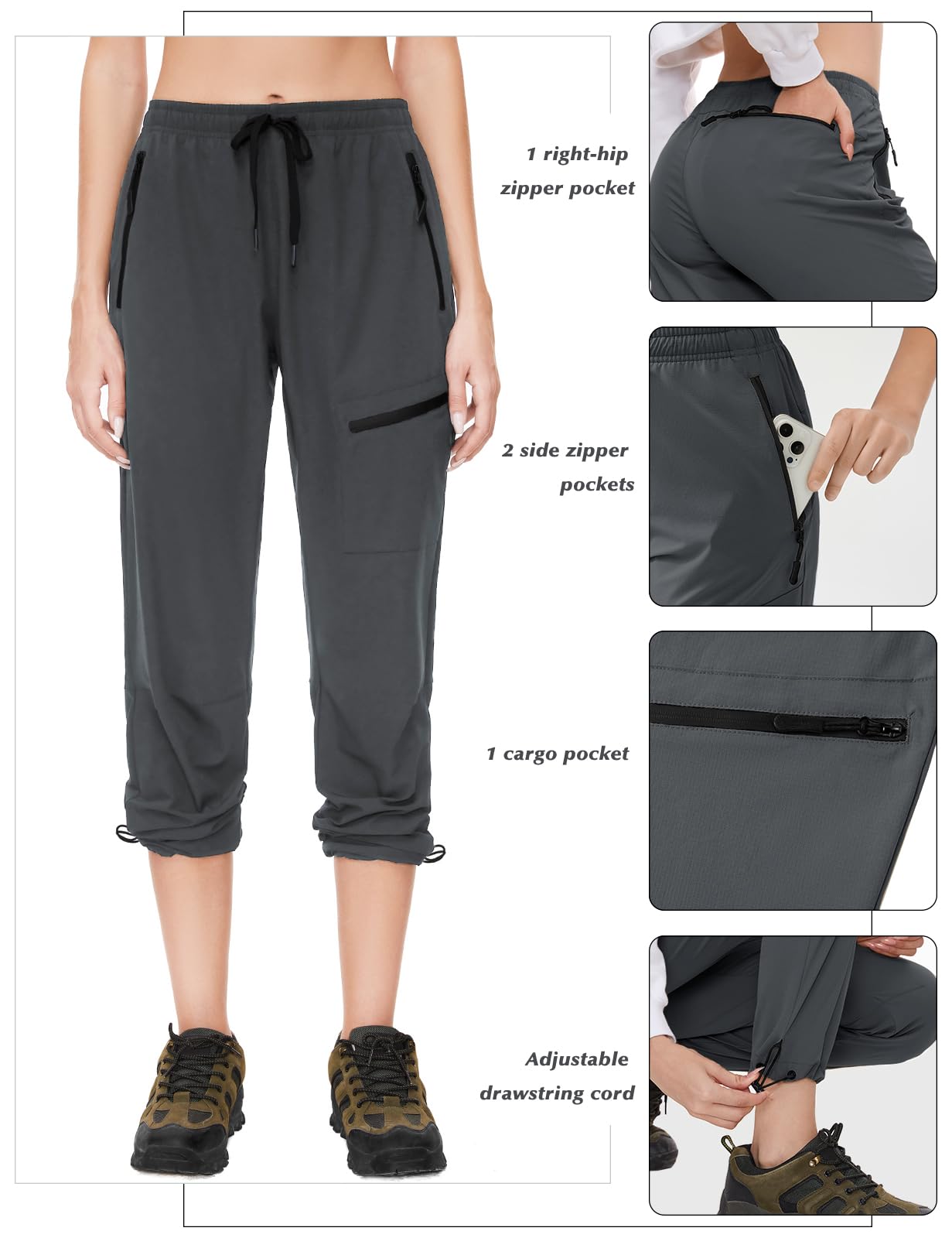 SEVEGO Womens Hiking Pants Tall Inseam 36" Athletic Cargo Pants Lightweight 4 Zipper Pockets Water Resistant Elastic Waist, Gray, S