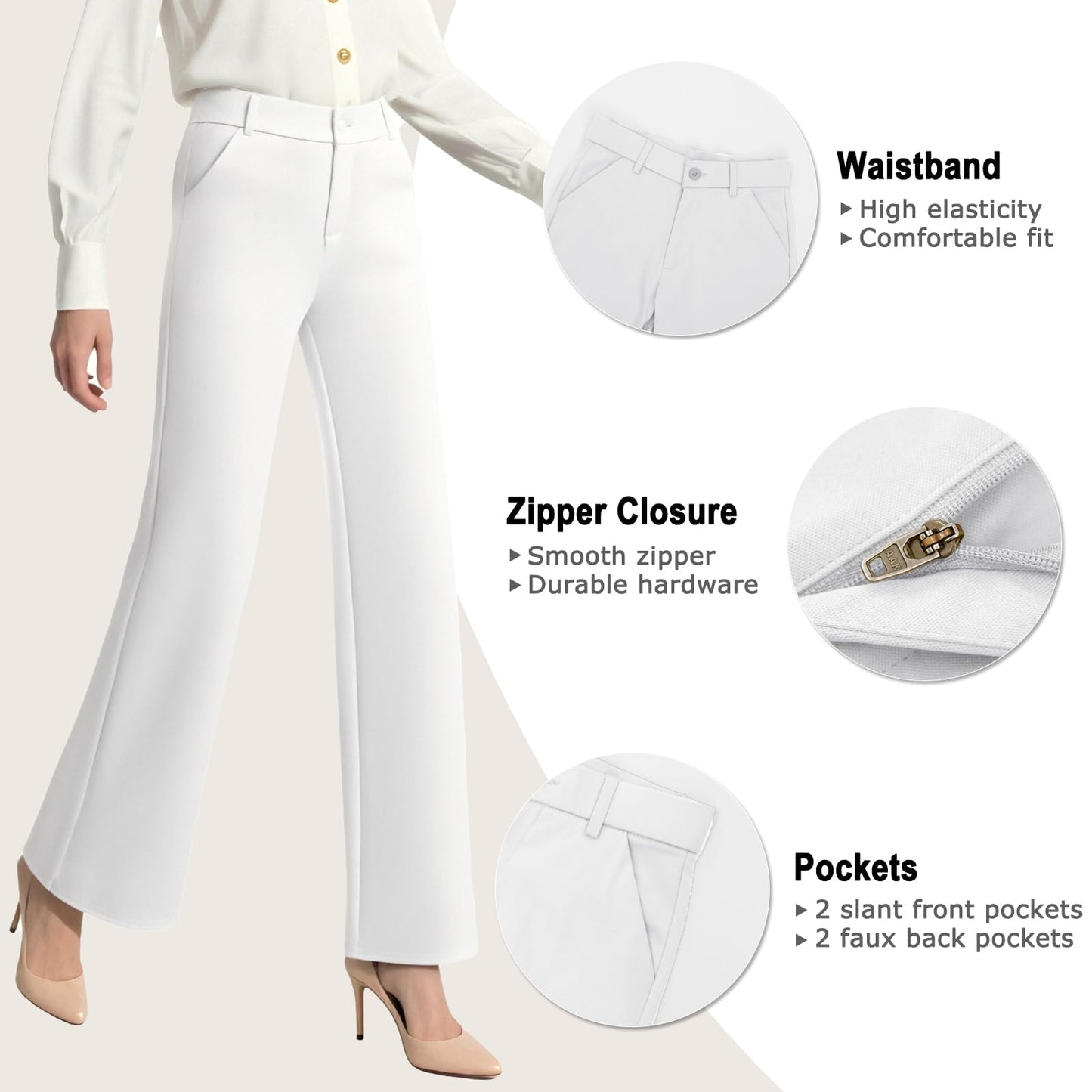 iChosy Womens High Waist Wide Straight Leg Trousers Casual Slacks Dress Pants with Pockets White 12 Tall