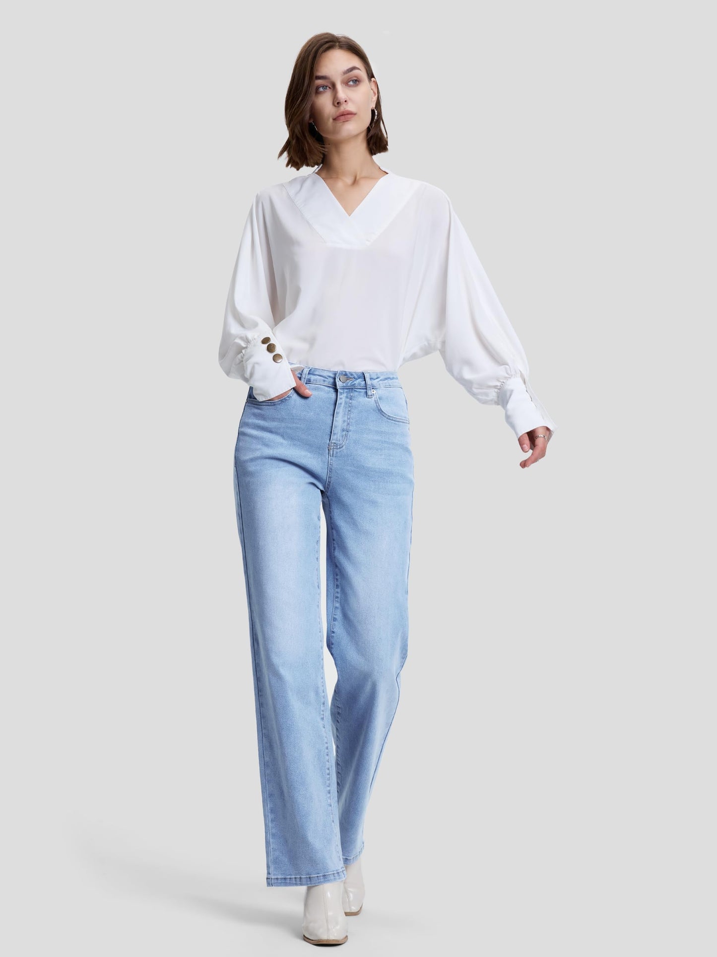 SEVEGO Women's 32"/34"/36" Tall Straight Leg Jeans Mid Waisted Stretchy Loose Denim Pants Casual Baggy Jean Trousers 32'', Light Blue, L