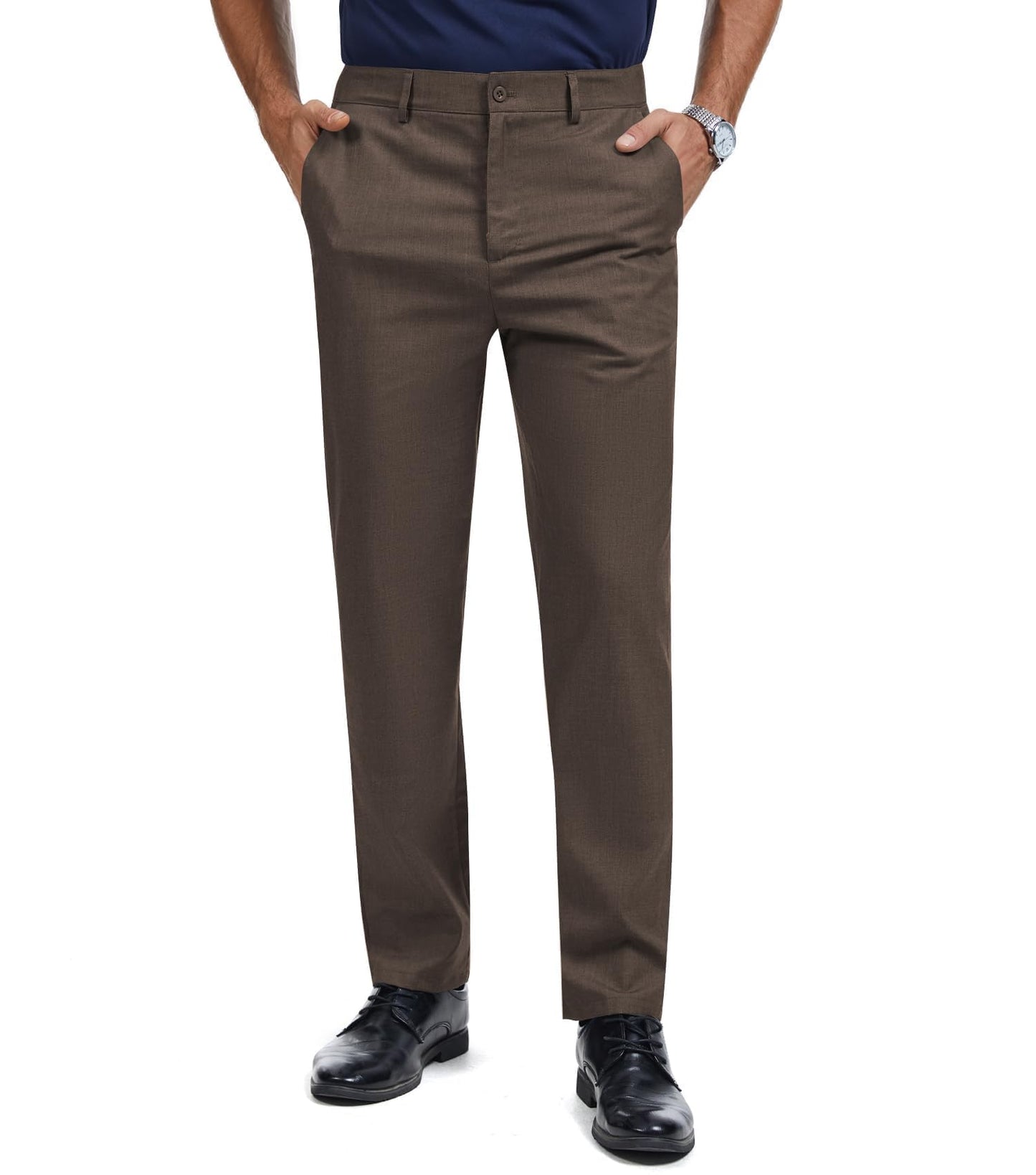 Men's Tall Classic Fit Flex Flat Front Dress Pants Formal Pants for Business & Office Dark Brown