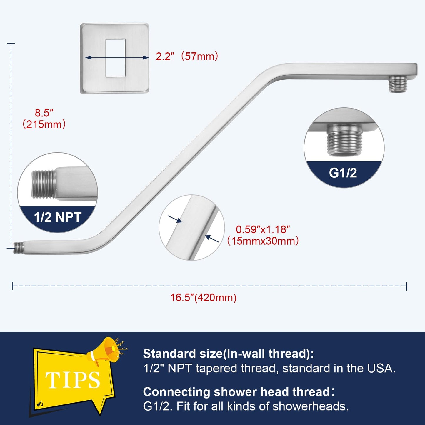Square Shower Head Extension Arm with Flange, 16.5 Inch Z/S Shaped High Rise Shower Pipe Extender Wall-Mounted for Fixed Bathroom, Shower Head Goose Neck Arm - Extra Long Thread (Brushed Nickle)