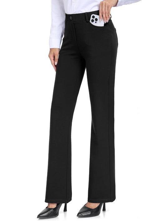 Tallemon Tall Womens 36" Inseam Boot Cut Dress Yoga Trousers Dress Pull On Belt Loops 4 Pockets Suit Work Pants, Black, L