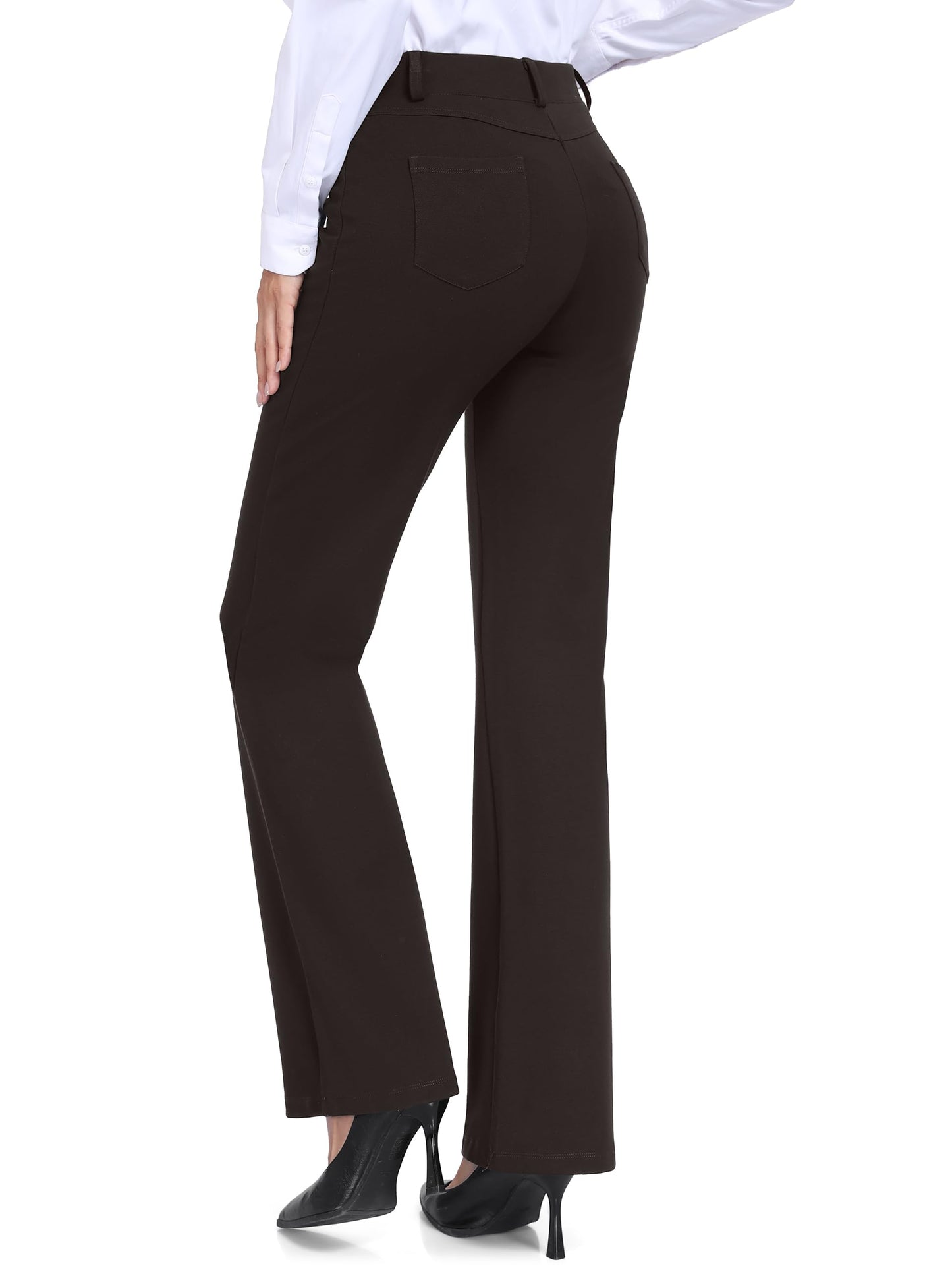 Tallemon Tall Womens Extra Long 38" Inseam Flared Dress Pants with Pockets Stretchy Work Utility Formal Slack, Brown, M