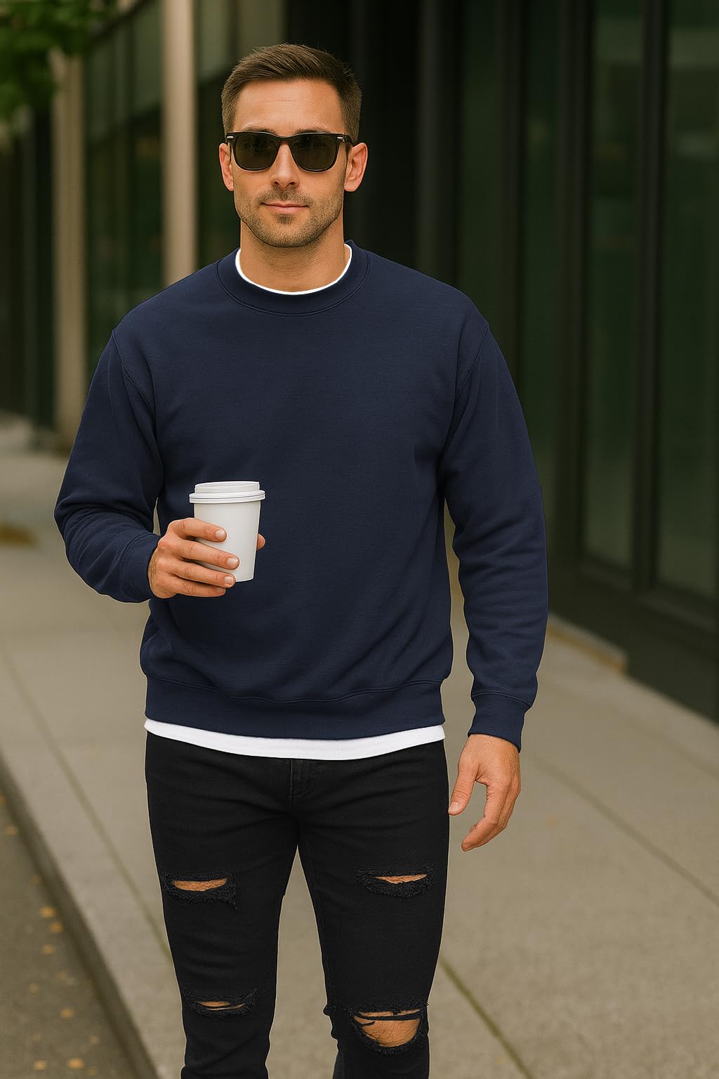JustBlanks Fleece Sweatshirt for Men Tall Men’s Sweatshirt Crewneck Sweatshirt Relaxed-Fit Pullover Sweatshirt - Navy - 3XLT