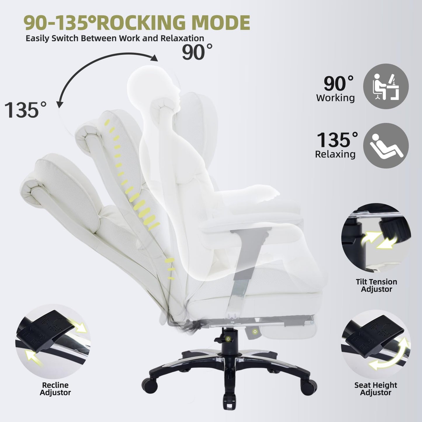 Efomao White Big and Tall Office Chair with Footrest – Ergonomic High-Back Computer Chair with Adjustable Armrests, Wide Seat – Modern Home Office, Gaming & Study Chair for Young Professionals