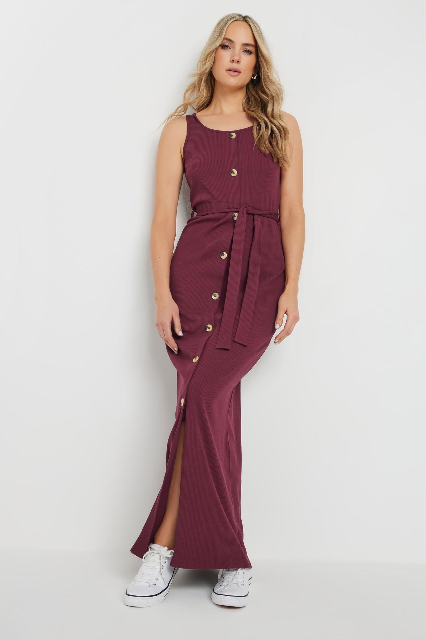 Long Tall Sally LTS Tall Women's Ribbed Button Through Maxi Dress Burgundy 12