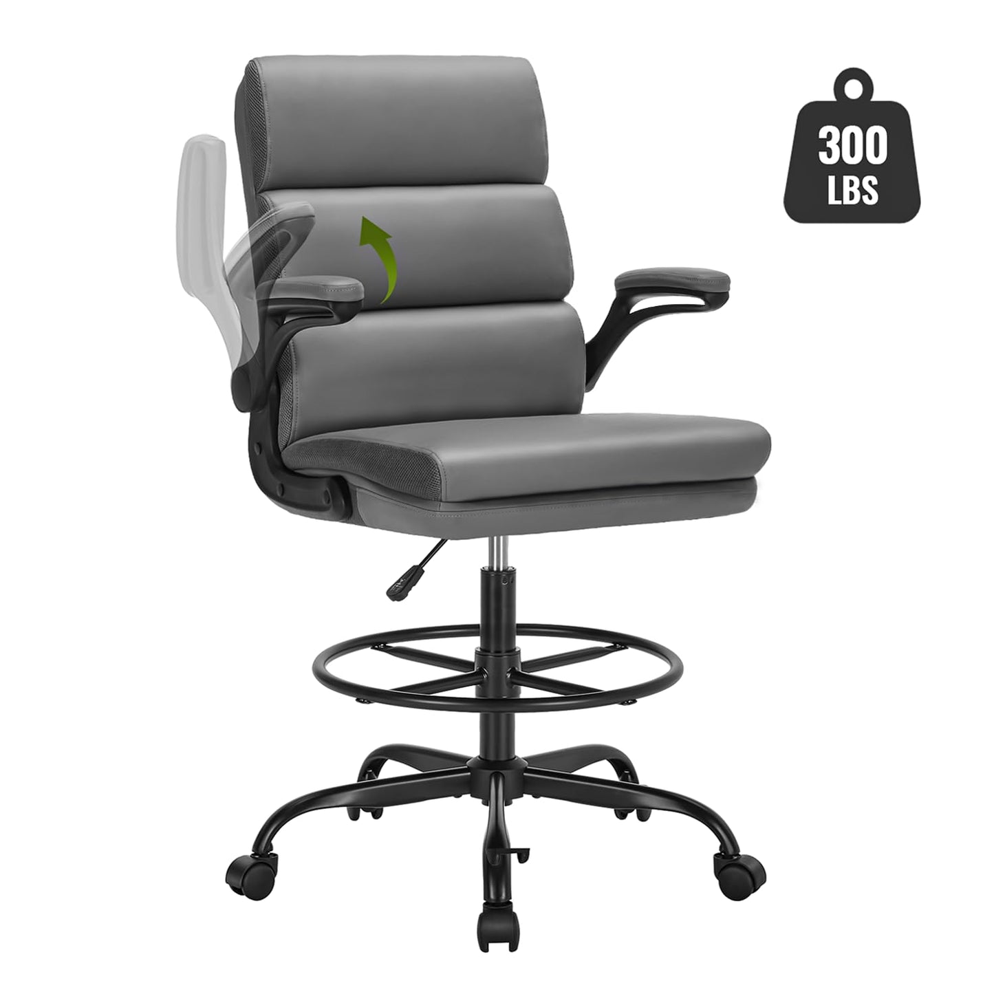 Drafting Chair Tall Office Chair with Padded Flip-up Armrests Executive Ergonomic Computer Standing Desk Chair with Comfortable Leather Backrest and Adjustable Footrest Ring (Gray)