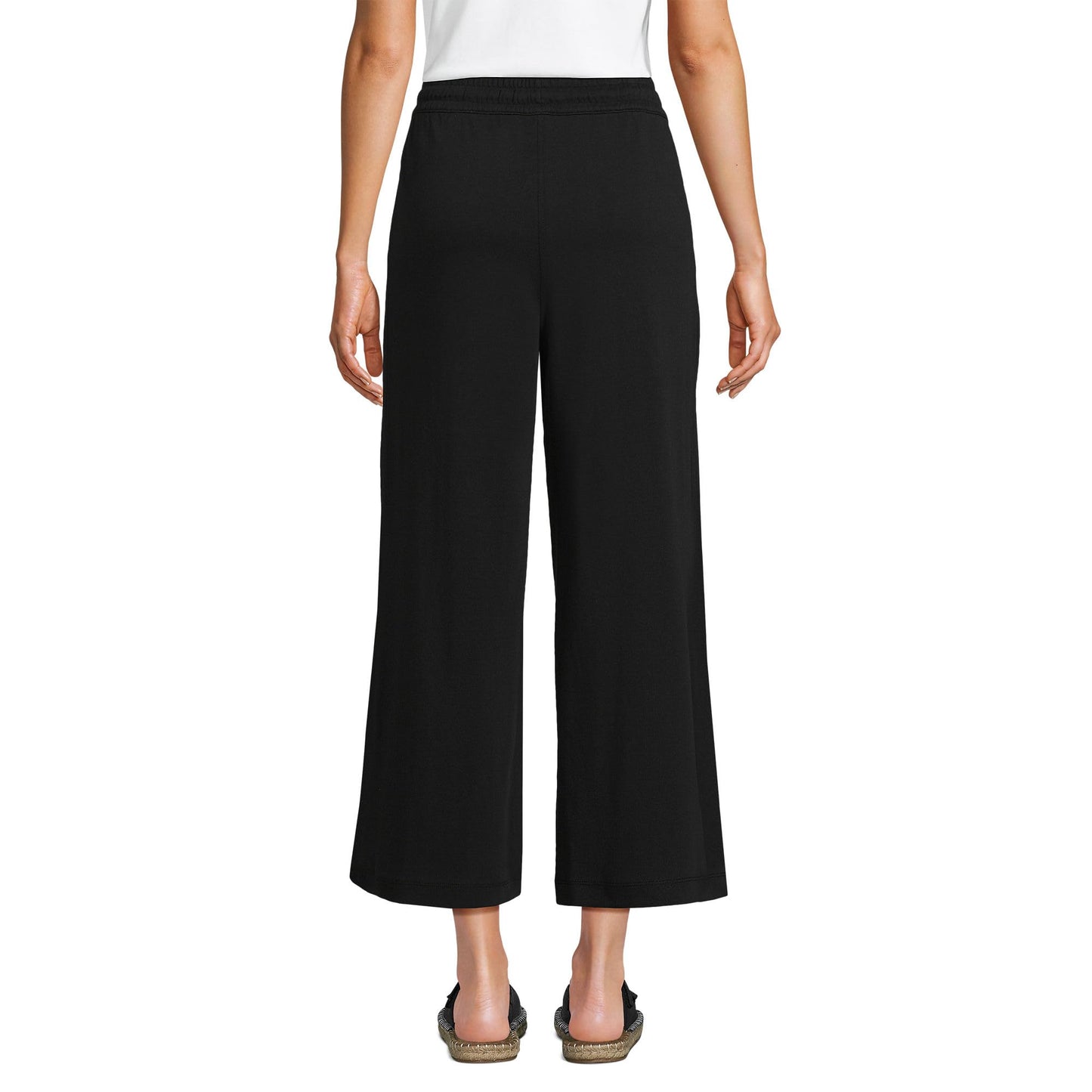 Lands' End Women's Tall Sport Knit Elastic Waist Wide Leg Crop Pants Large Black