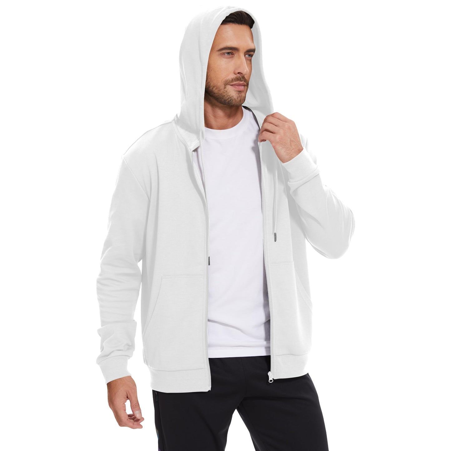 LETAOTAO Lightweight Hoodie Men Zip Up Hooded Sweatshirt Thin Slim Fit Jacket Available in Regular & Tall Sizes（White，Tall-2XL）