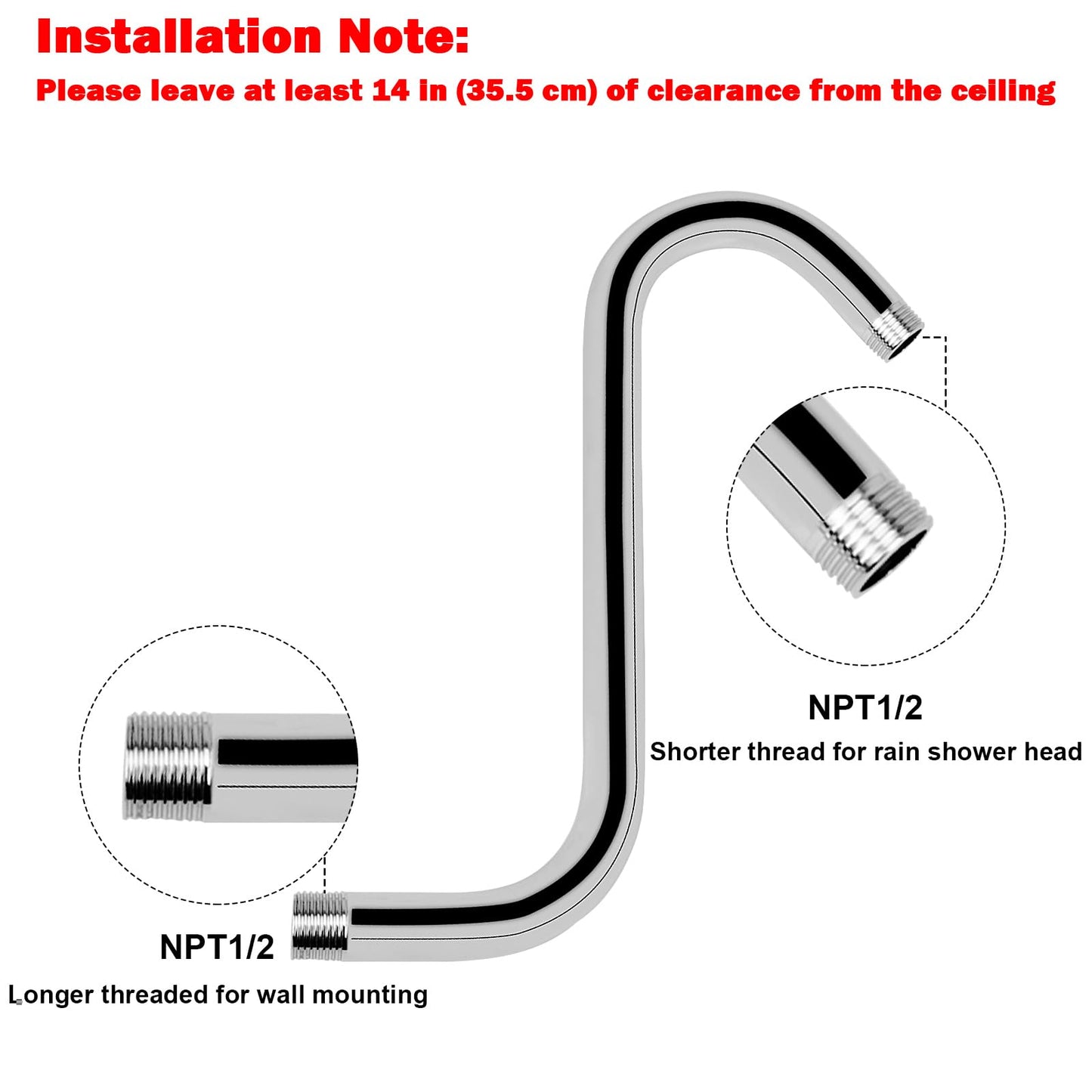NearMoon S Shaped Shower Head Riser Pipe, Shower Extender Arm with Flange, Standard 1/2" Connection- Bathroom Accessory, 10 Inch (1 Pack, Chrome)