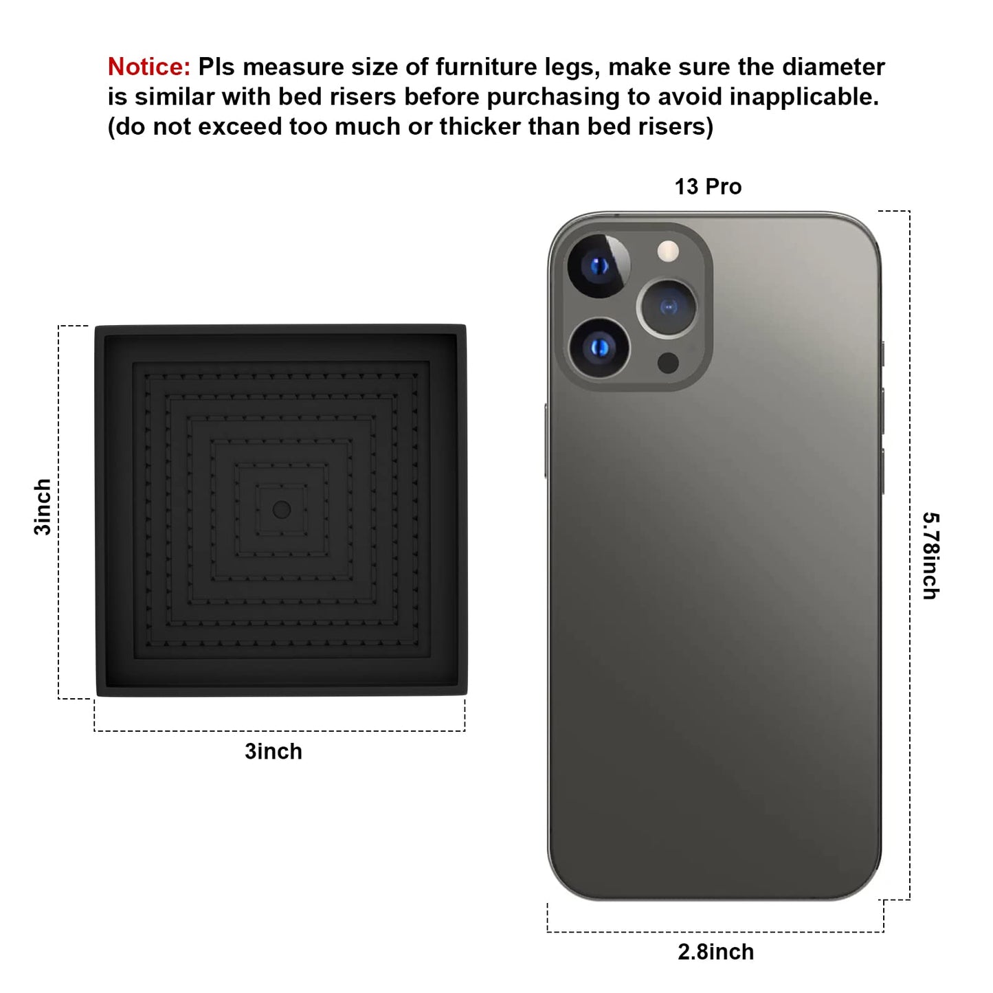 Yunnix Bed Risers 3 inch Heavy Duty Furniture Risers Adjustable Desk Risers for Desk Sofa Table Legs Risers up to 10000 lbs - (4 Piece Set, Black)