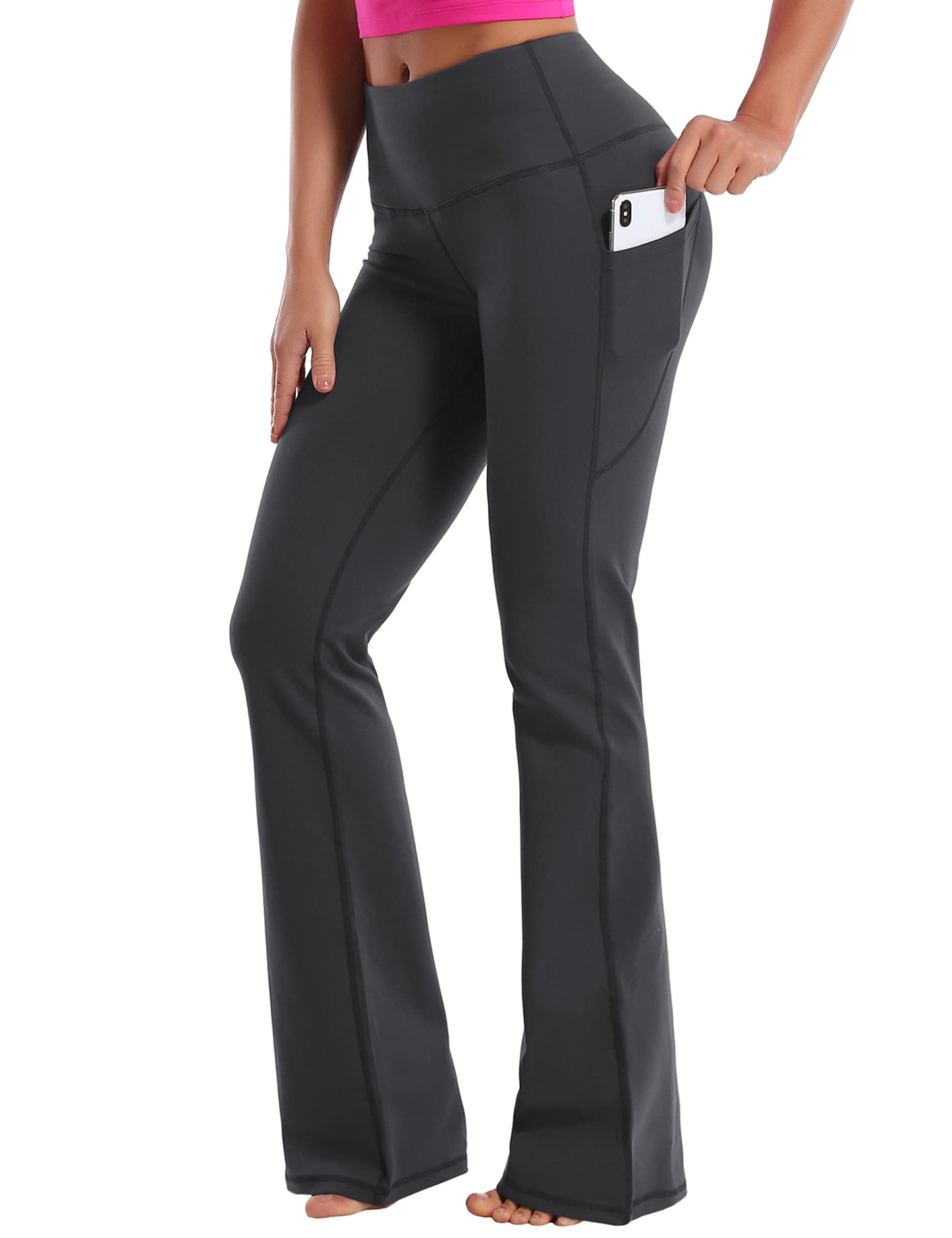 BUBBLELIME 29"/31"/33"/37" 4 Styles Women's Bootcut Yoga Pants Tummy Control - Side Pockets_SHADOWCHARCOAL L_37" Inseam