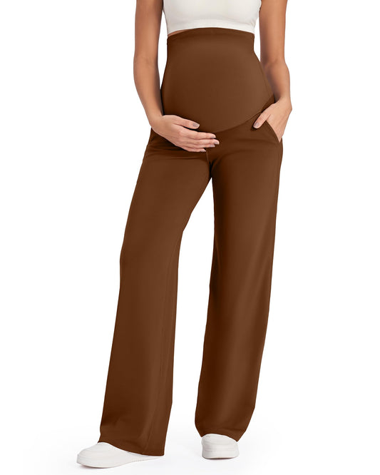 G4Free Maternity Leggings Over The Belly with Pockets Soft Wide Leg Pregnancy Yoga Pants for Casual Athletic Workout (Dark Coffee,XXL,32")