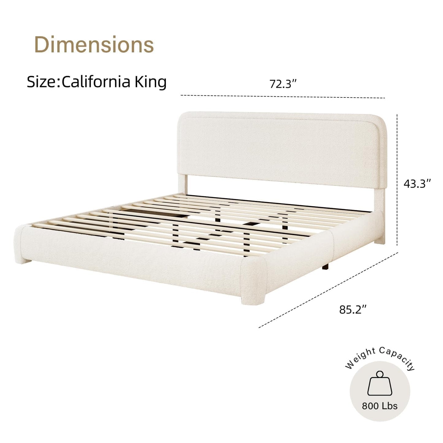 BarnFurin Boucle Upholstered California King Bed Frame/Soft Rounded Corners Headboard/Low Profile Bed Frame/No Box Spring Needed/Cream