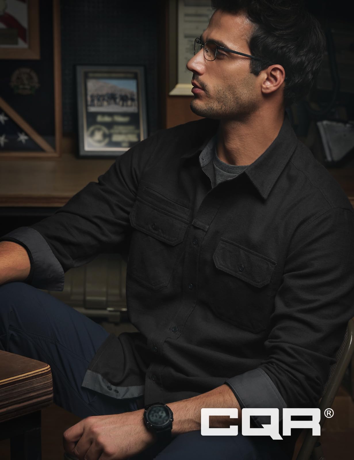 CQR Men's Flannel Button Down Shirts, Soft Cotton Plaid Long Sleeve Tactical Work Shirt, Warm Outdoor Essential with Pocket, Stealth Black, X-Large Tall