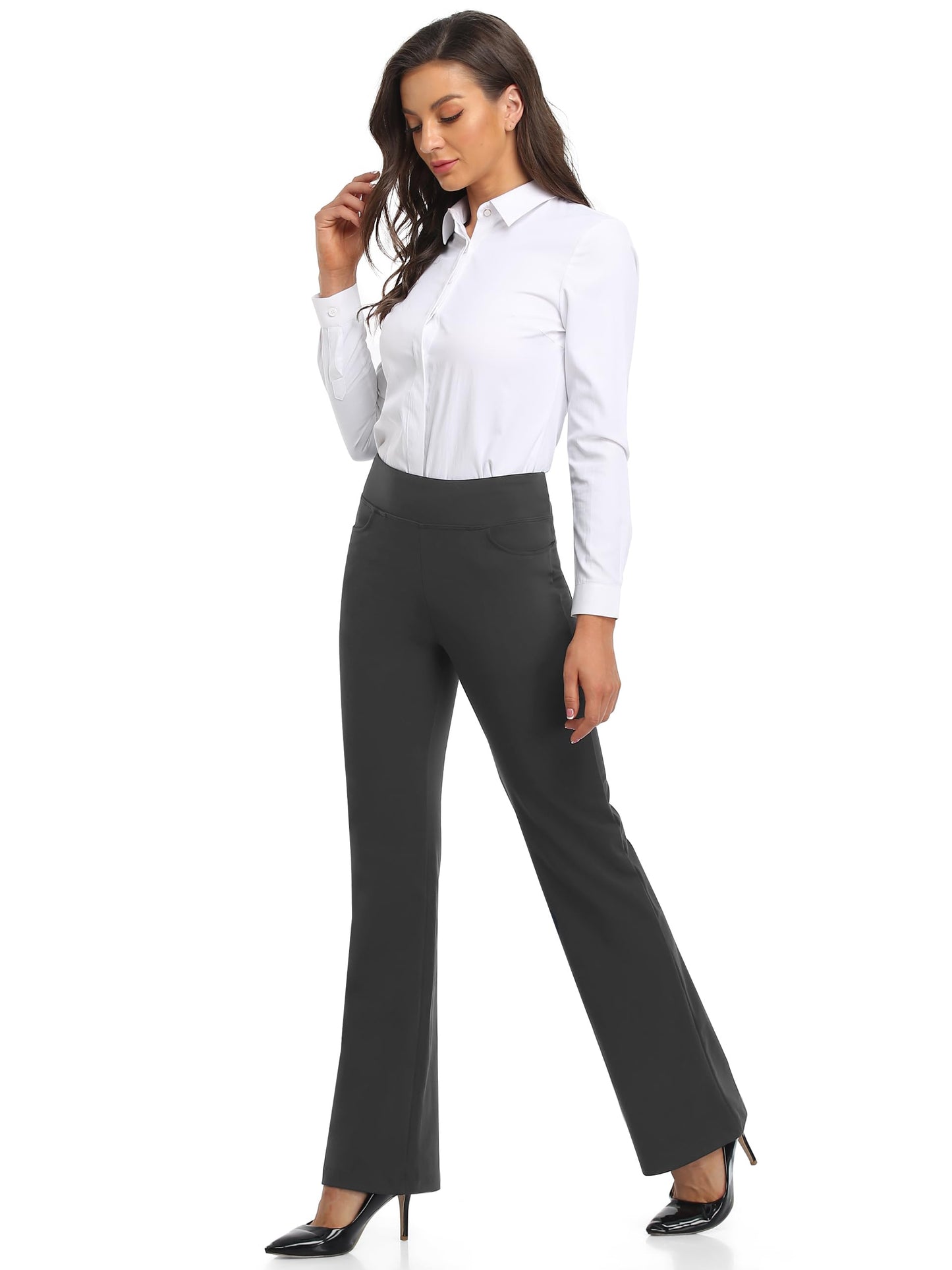SEVEGO Women's Bootcut Yoga Dress Pants High Waist Stretch Work Pants with Pockets, 35" Dark Grey 2, M
