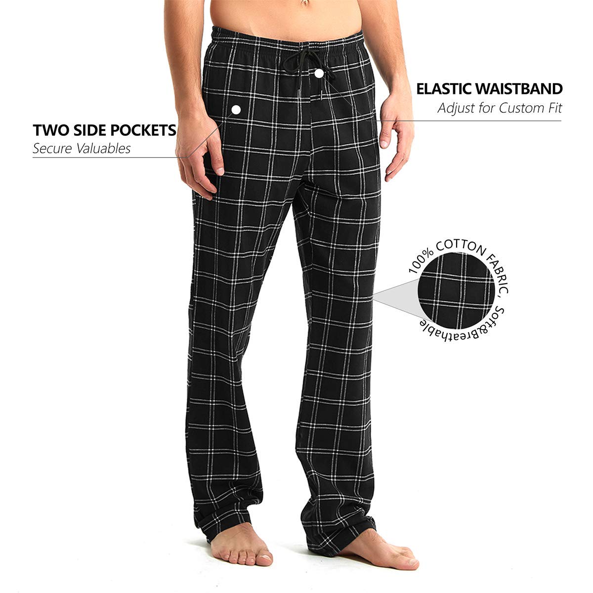 Idtswch Mens Tall Pajama Pants 38" Inseam Plaid Lounge Pants Sleepwear Pajama Bottoms 100% Cotton Black/White