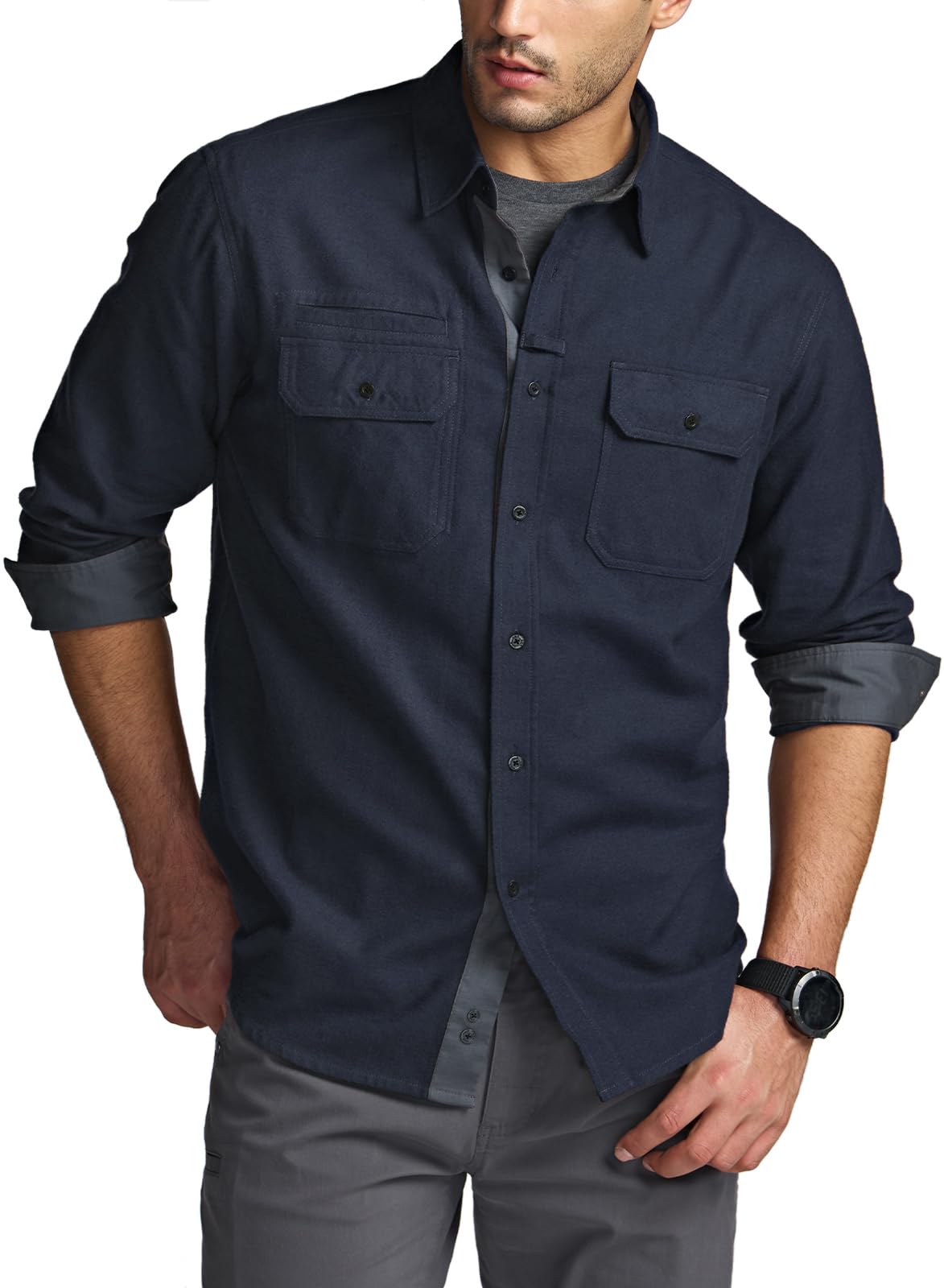 CQR Men's Flannel Button Down Shirts, Soft Cotton Plaid Long Sleeve Tactical Work Shirt, Warm Outdoor Essential with Pocket, Stealth Navy, XX-Large Tall