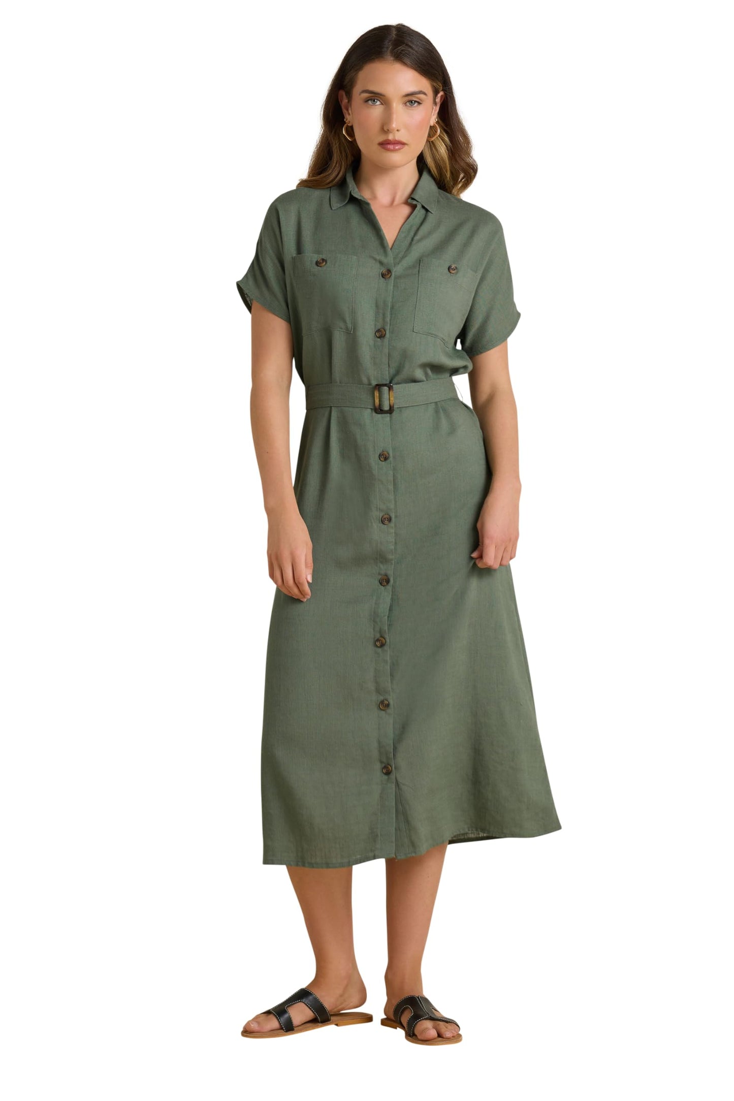 Long Tall Sally LTS Tall Linen Button Midi Dress Khaki 14