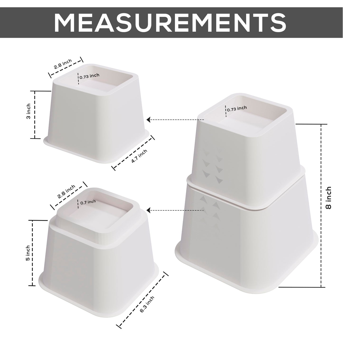 Utopia Bedding Adjustable Bed Furniture Risers - Elevation in Heights 3, 5 or 8 Inch Heavy Duty Risers for Beds and Under Bed Storage - Supports up to 1,300 lbs - (Set of 4 Riser, White)