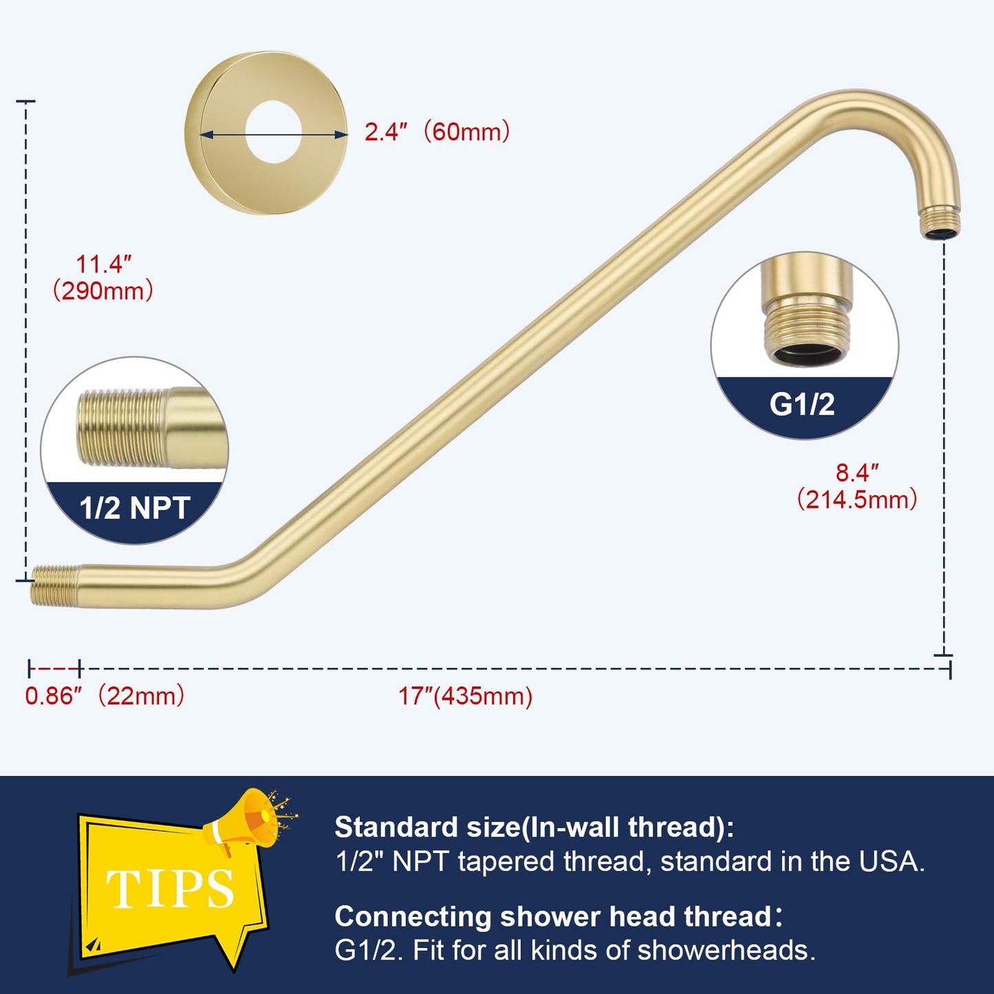 Shower Extension Arm with Flange Uvish 17" Shower Head Riser Pipe, Stainless Steel High Rise Long Neck Shower Head Arm Extender Arm for Rain Shower Head, Standard 1/2" Connection, Brushed Gold